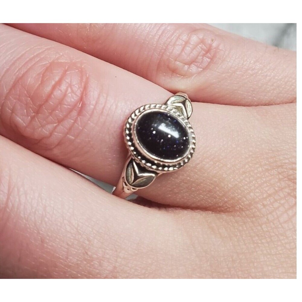 Handcrafted Deep Blue Sandstone Ring Oval Cabochon 925 Sterling Silver Bezel Set